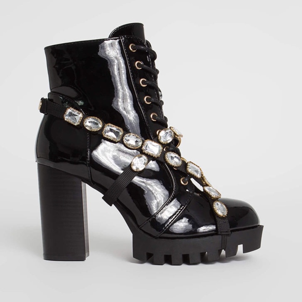 Patent jewel strap booties